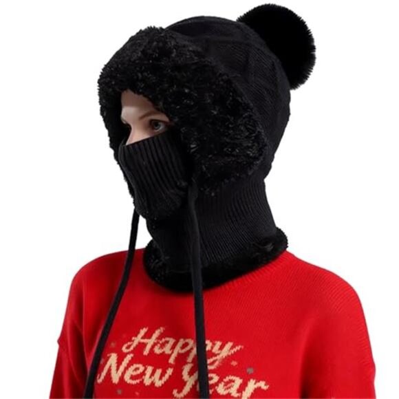 3 in 1 Women's Beanie Hat Knitted Balaclava Hat with Scarf Attached